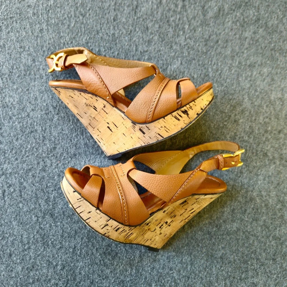 CHLOE Renna Cork Wedge Sandals 38 Act 36 Cognac Leather Strappy Platform CH16066